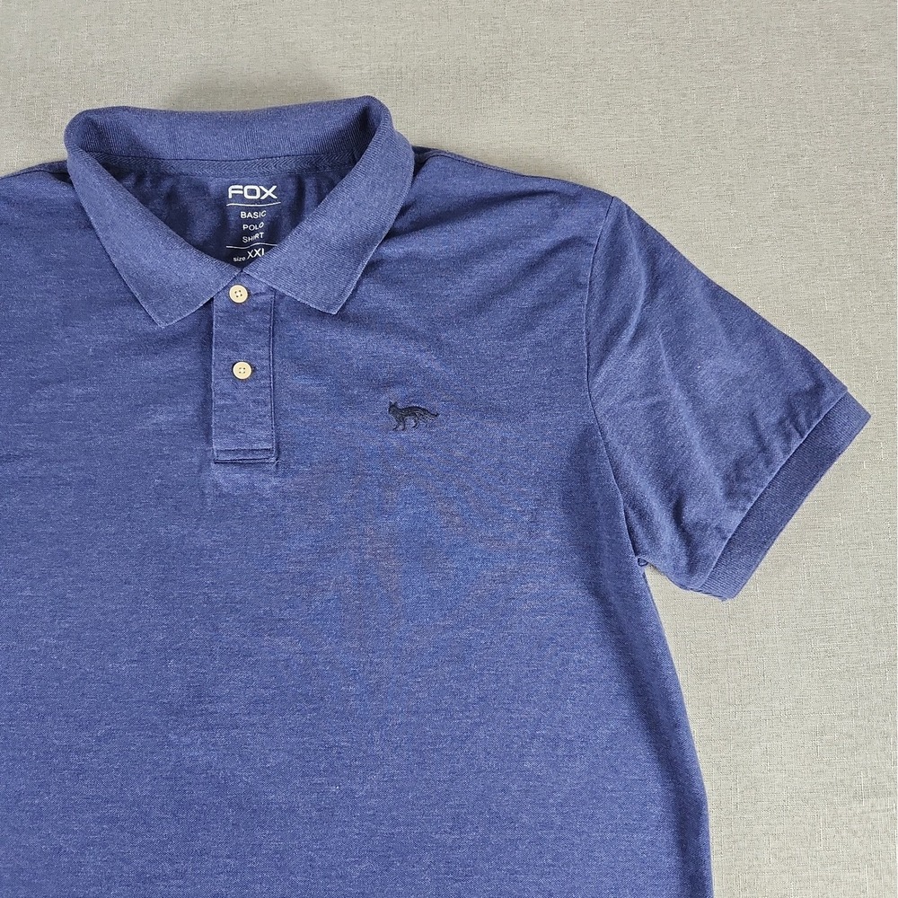 Fox Basics Polo Shirt Mens 2XL Chambray Blue Short Sleeve Fox Embroidery EUC